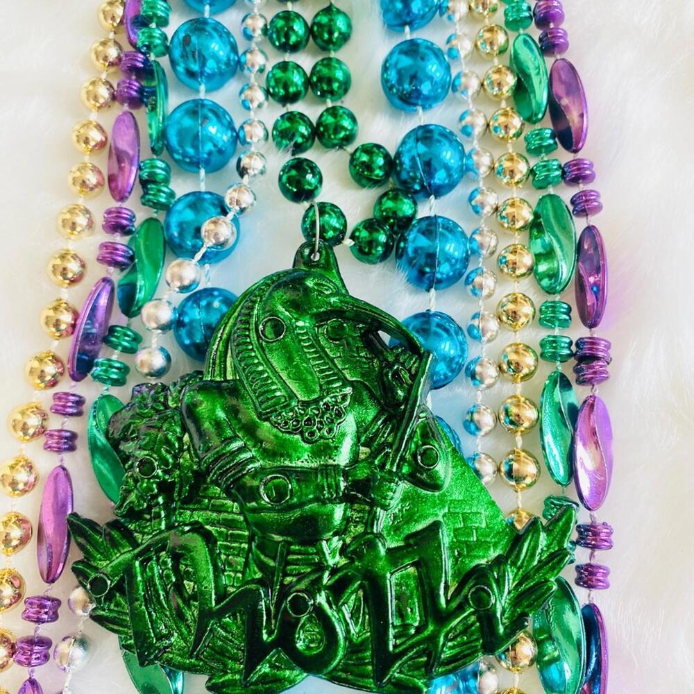 Mardi Gras Beaded Necklace with Green Horse Pendant